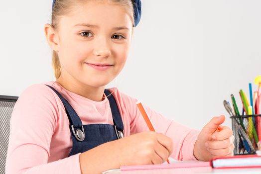 Smiling schoolgirl doing homework