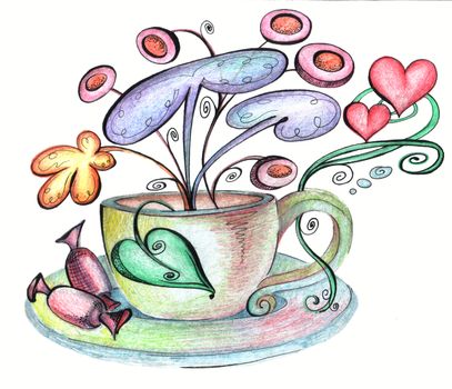 Stylized cup and saucer and chocolates from which strange flowers grow