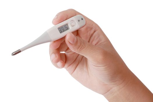 thermometer showing high temperature in woman hand isolated with