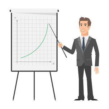 Businessman indicates on flip chart and smiling