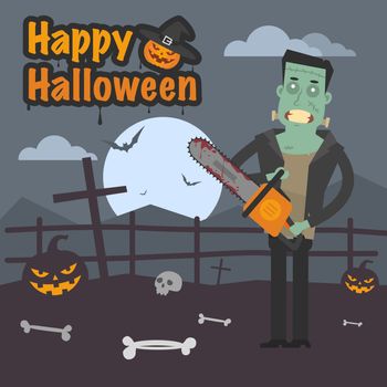 Illustration Halloween Frankenstein holding chainsaw