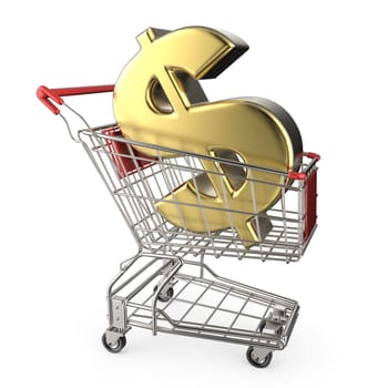 Red shopping cart with golden dollar currency sign 3D