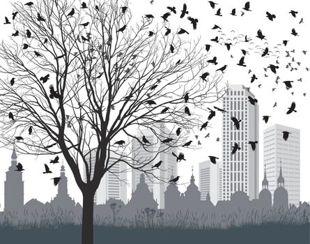 vector illustration flock ravens, tree without leaves and the old and new city