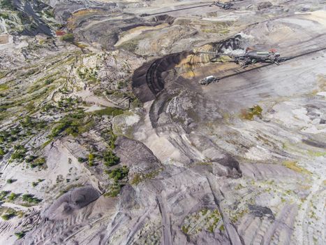 Surface coal mining in Poland. Destroyed land. View from above. 