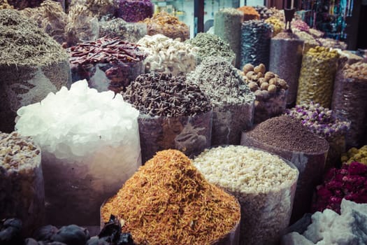 Dried herbs, flowers and arabic spices in the souk at Deira in D