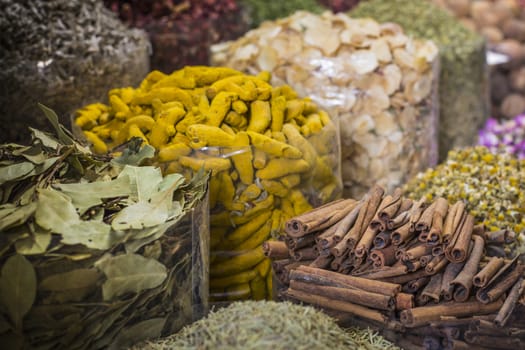 Dried herbs, flowers and arabic spices in the souk at Deira in D