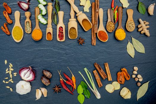 Various of spices and herbs in wooden spoons. Flat lay of spices