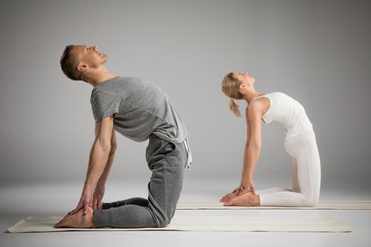 Couple standing in yoga pose  
