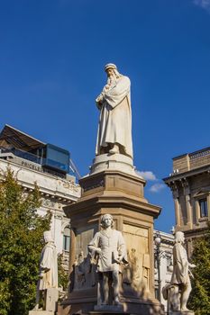 Monument of Leonardo da Vinci by sculptor Pietro Magni, Milan, Italy