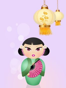 Kokeshi doll and Chinese lanterns