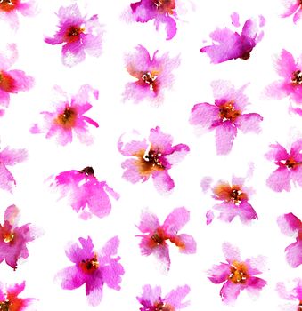 Watercolor pattern with pink flowers. Seamless hand drawn floral background.