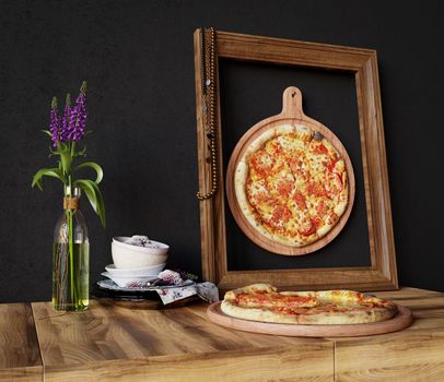 Hot pizza slice with melting cheese with frame concept close up photo