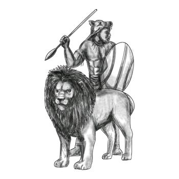 African Warrior Spear Lion Tattoo