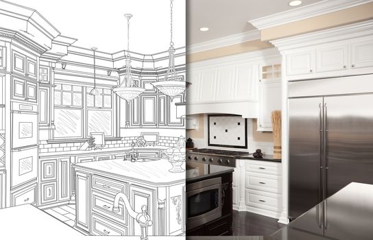 Split Screen Of Drawing and Photo of New Kitchen