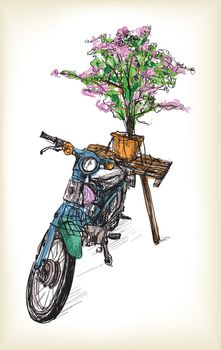 sketch of motorbike classic with followers in Hanoi, free hand d