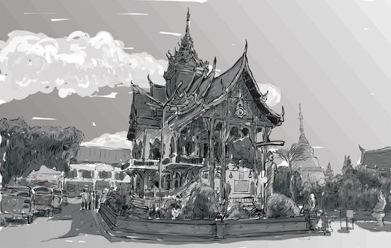 sketch of cityscape show asia style temple space in Thailand, il
