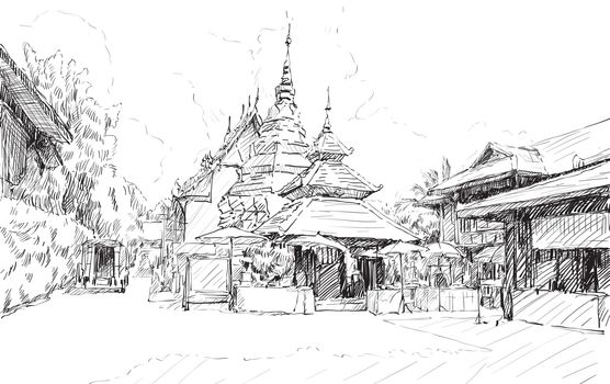 Sketch cityscape of Chiangmai, Thailand, show local temple Wat D