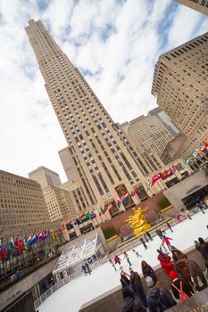 Rockefeller Center skyscraper and ice skate rink on Manhattan, New York City, USA.