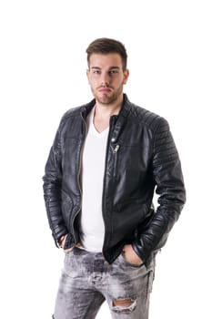 Handsome young man with black leather jacket