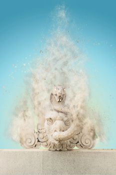 Sculture of head lion and snake tongue with particle fractal noi
