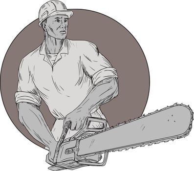 Lumberjack Arborist Holding Chainsaw Oval Drawing