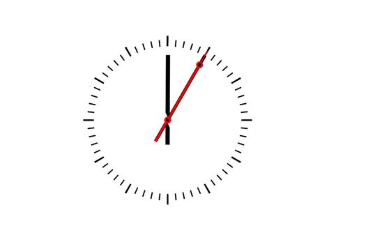 Clock, dial with a minute hand and a red second hand indicates 1