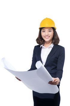 Portrait of architect student woman with blueprints protect wear