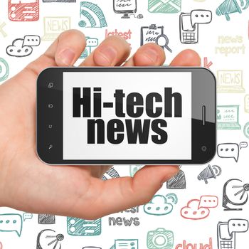News concept: Hand Holding Smartphone with Hi-tech News on display