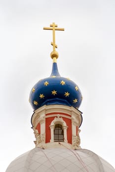 Russian province orthodoxy church with blue cupolas