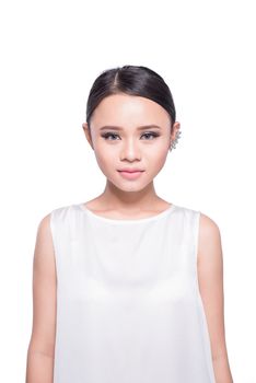 Beautiful expressive asian model girl in white design dress