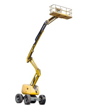 Self propelled articulated boom lift on a light background