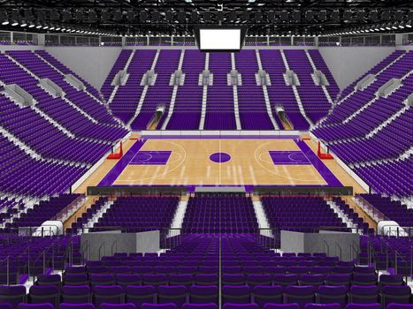 Beautiful modern sports arena for basketball with purple seats and VIP boxes