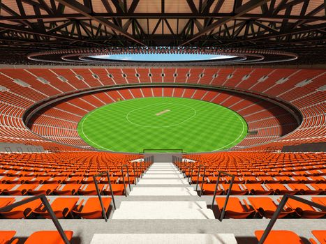 Beautiful modern large round cricket stadium with orange seats and VIP boxes