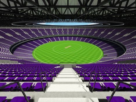 Beautiful modern large round cricket stadium with purple seats and VIP boxes