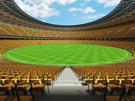 Beautiful modern large round cricket stadium with yellow seats and VIP boxes