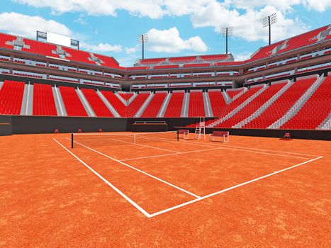 Beautiful open tennis clay court stadium with red seats and VIP boxes for fifteen thousand fans