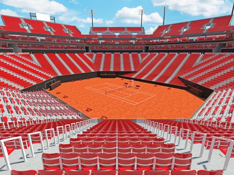 Beautiful open tennis clay court stadium with red seats and VIP boxes for fifteen thousand fans