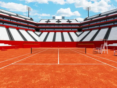 Beautiful open tennis clay court stadium with white seats and VIP boxes for fifteen thousand fans