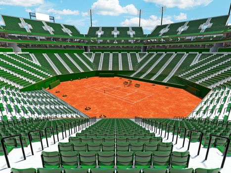 Beautiful open tennis clay court stadium with green seats and VIP boxes for fifteen thousand fans