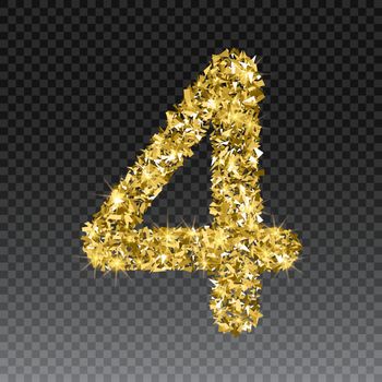 Gold glittering number four.Vector shining golden font figure lettering of sparkles on checkered background