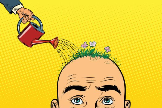 On the head of a bald man grow flowers
