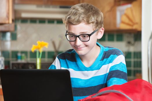 Grinning child using laptop computer