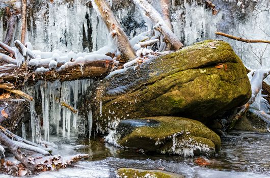 boulder in frozen waterfall