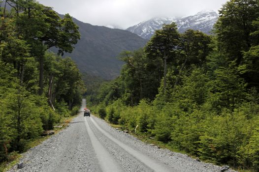 Van driving on Carretera Austral, Chile