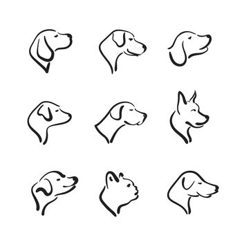 Vector group of hand drawn dog head on white background. Pet Ani