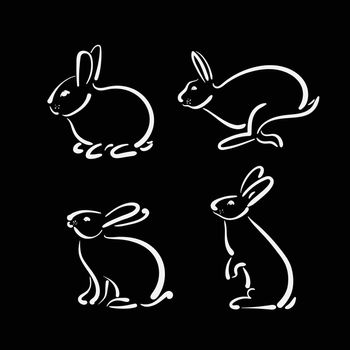Vector group of hand drawn rabbit on black background. Wild Anim