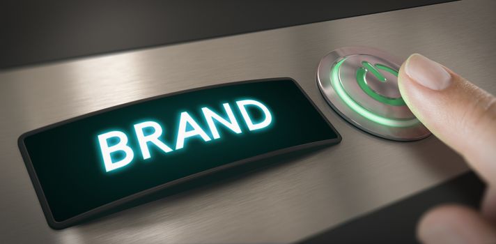 Hand pushing a brand activation button. Composite image between a hand photography and a 3D background.