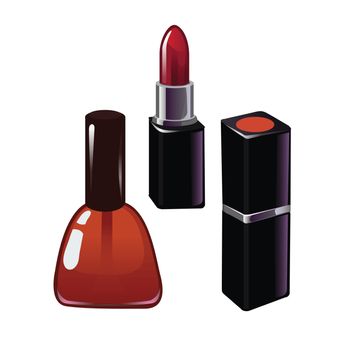 Red nail polish and red lipstick isolated on white background. Vector illustration.