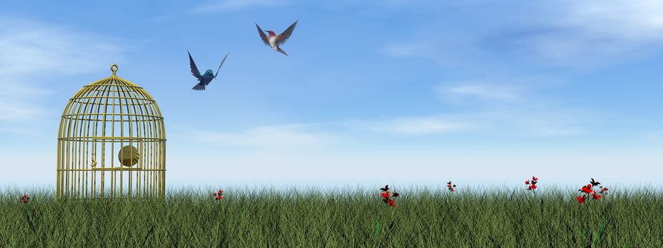 Two hummingbirds flying out of the cage by day - 3D render