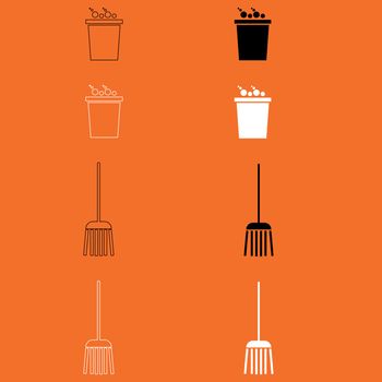 Bucket and broom black and white set icon .